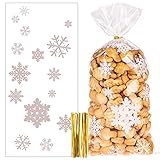 100 Stück Schneeflocke Weihnachten Plätzchentüten, Cellophantüten Transparent Candy Bar Süßigkeiten Tüten mit Twist Krawatten für Bonbon Plätzchen